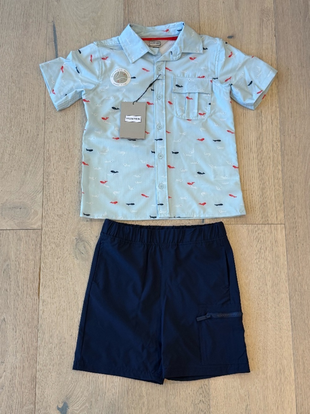 NWT Hunter Boys 2-Piece Fishing Outfit Size 6 Button-Up Shirt & Navy Shorts